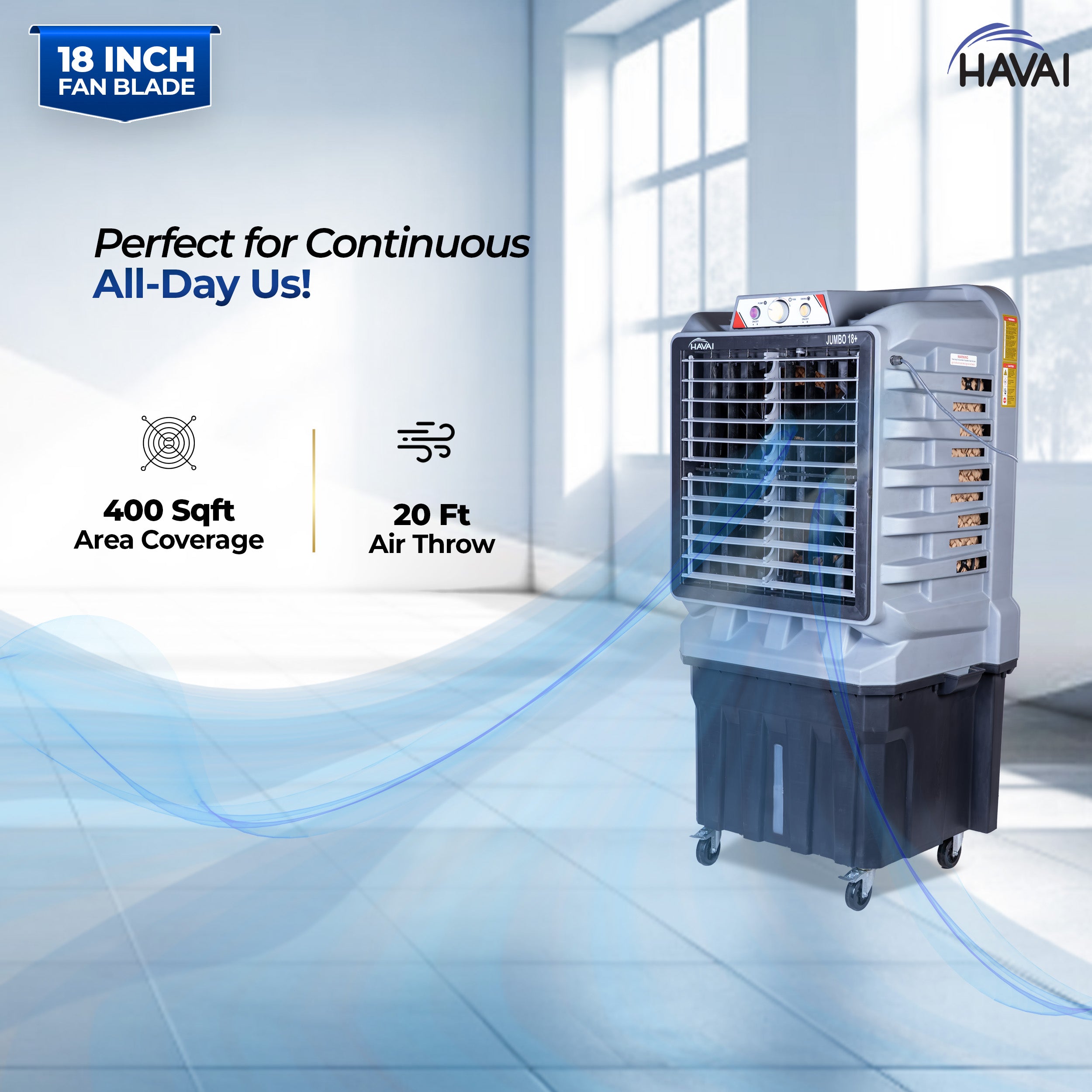 HAVAI Jumbo 18+ Massey Desert Cooler | 150L | 18-Inch Fan | Heavy-Duty 41mm Motor | 3-Side Honeycomb Pads | Auto Swing | Castor Wheels | 230V, 110W | White &amp; Grey