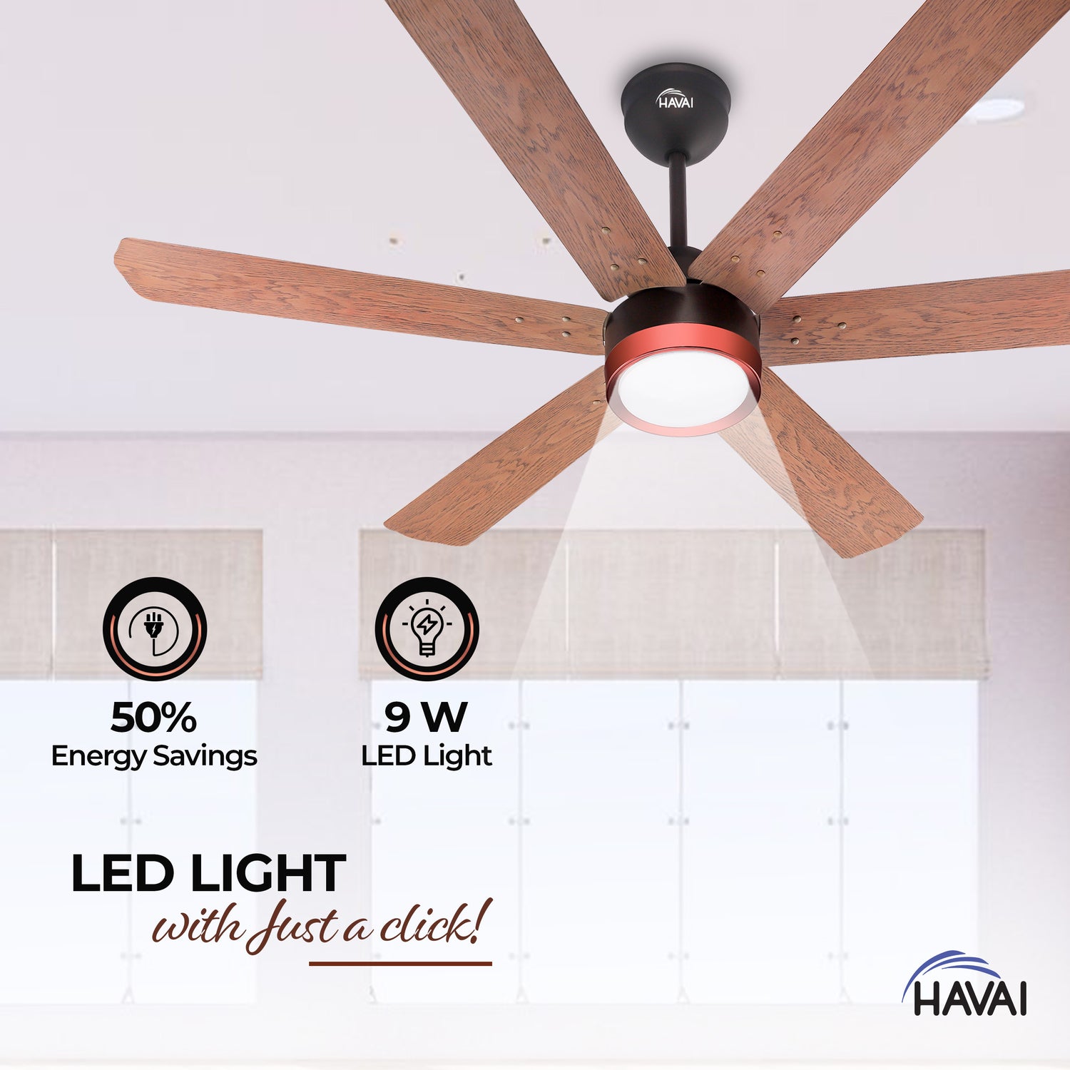 HAVAI Spinel BLDC Ceiling Fan with Decorative Ring | 1200mm, 6 Blades, 25W | Remote Control &amp; 9W LED Light | 2 Years Warranty | Smoke Brown