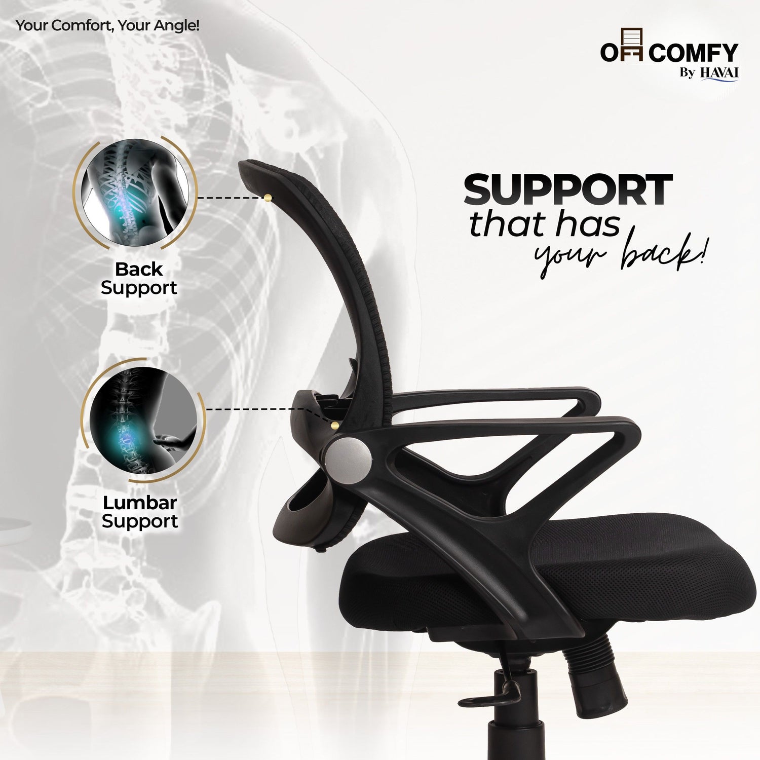 HAVAI Flame Back Low Back Ergonomic Mesh Office Chair |  Single Lock Tilt Mechanism | Mild Steel EPC Base |  Class 4 Gaslift | Fixed Armrests | 50mm Casters | Breathable Mesh Back