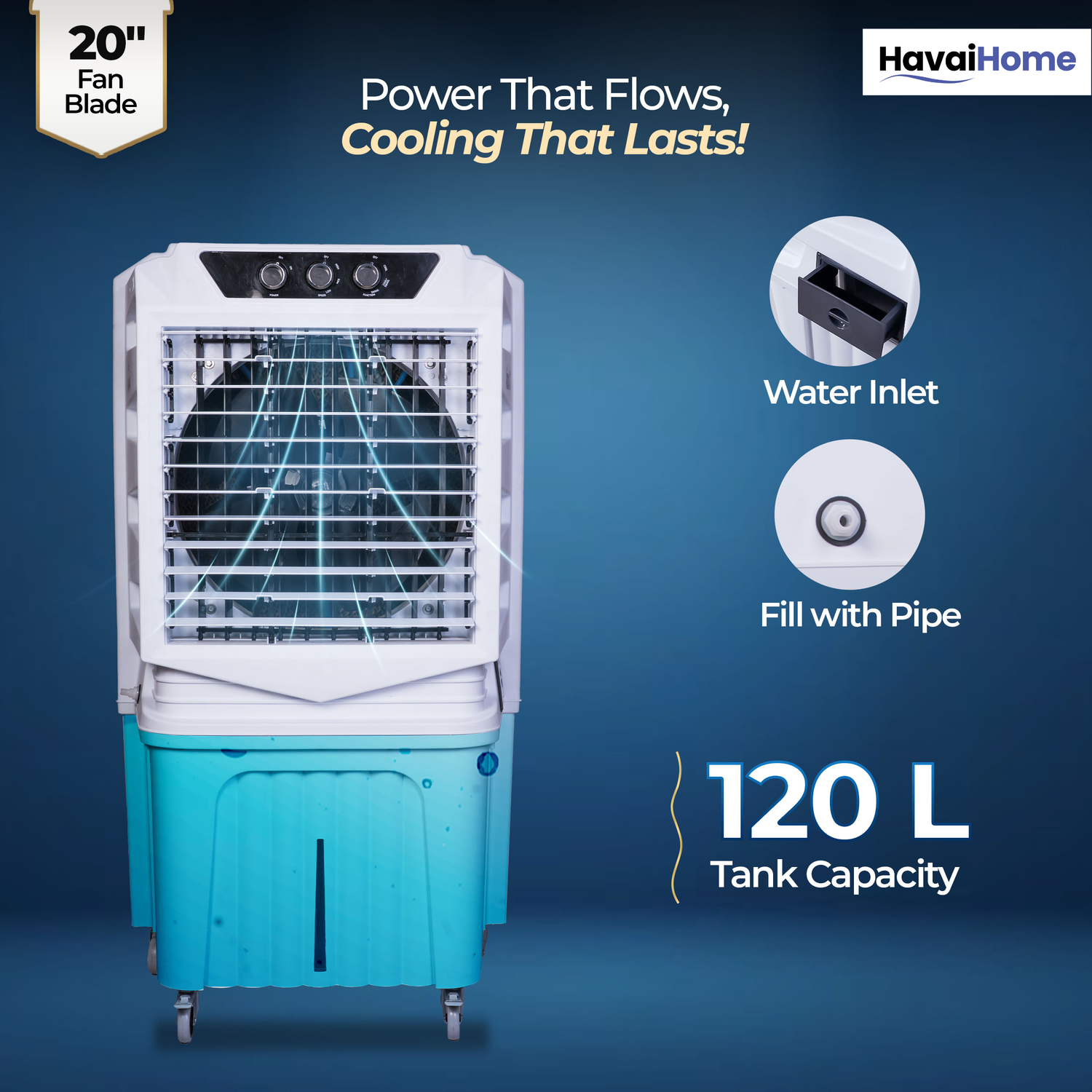 HAVAI Arizona 20 Desert Air Cooler | 120L Water Tank | 20-Inch Metal Blade | 4800 m³/hr Air Delivery | 35 Ft Air Throw | Double Bearing Low Noise Motor | Thick Honeycomb Pads | Covers up to 500 Sq Ft | 1 Year On-Site Warranty