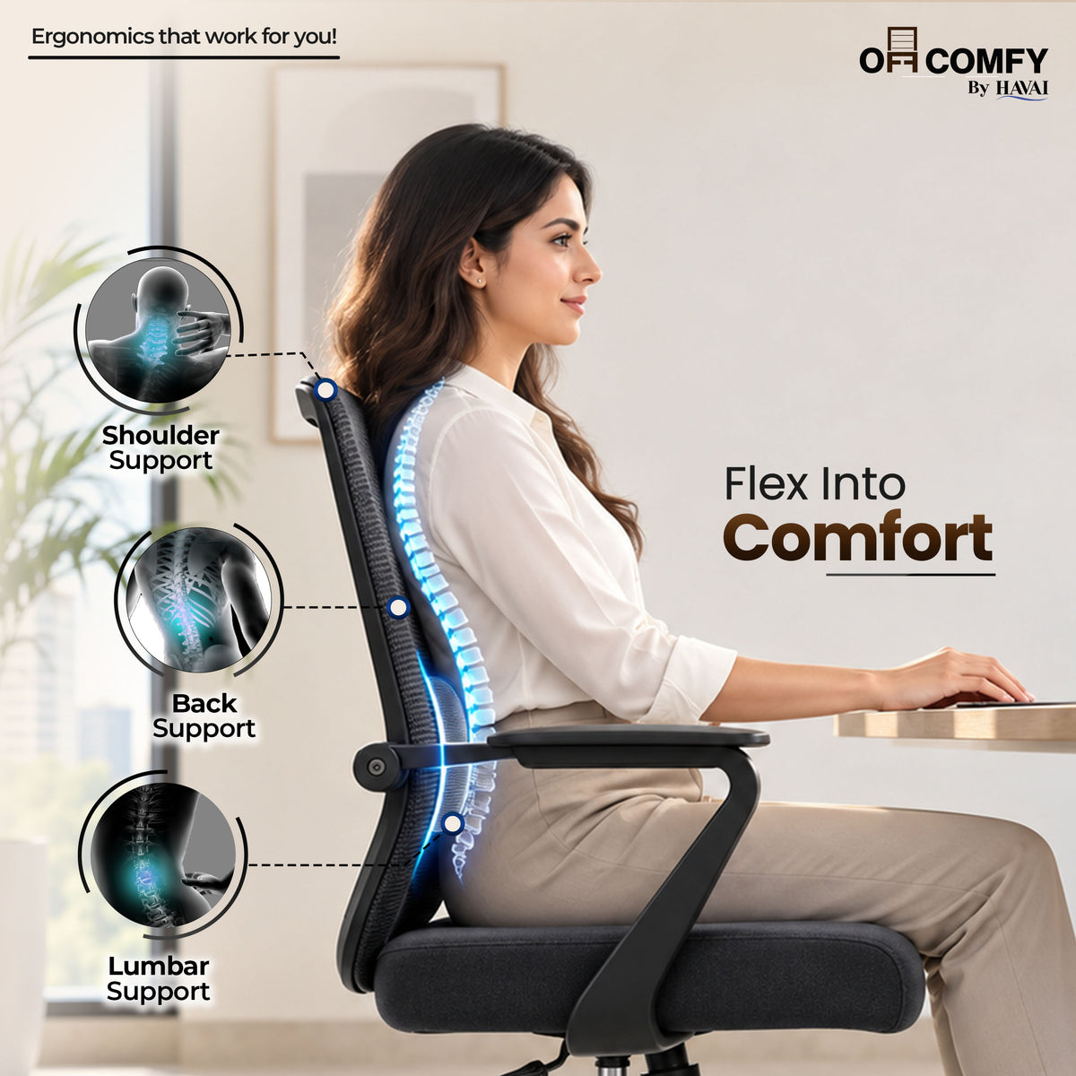 Havai Flexa Mid Back Executive Office Chair | Ergonomic Mesh - Black