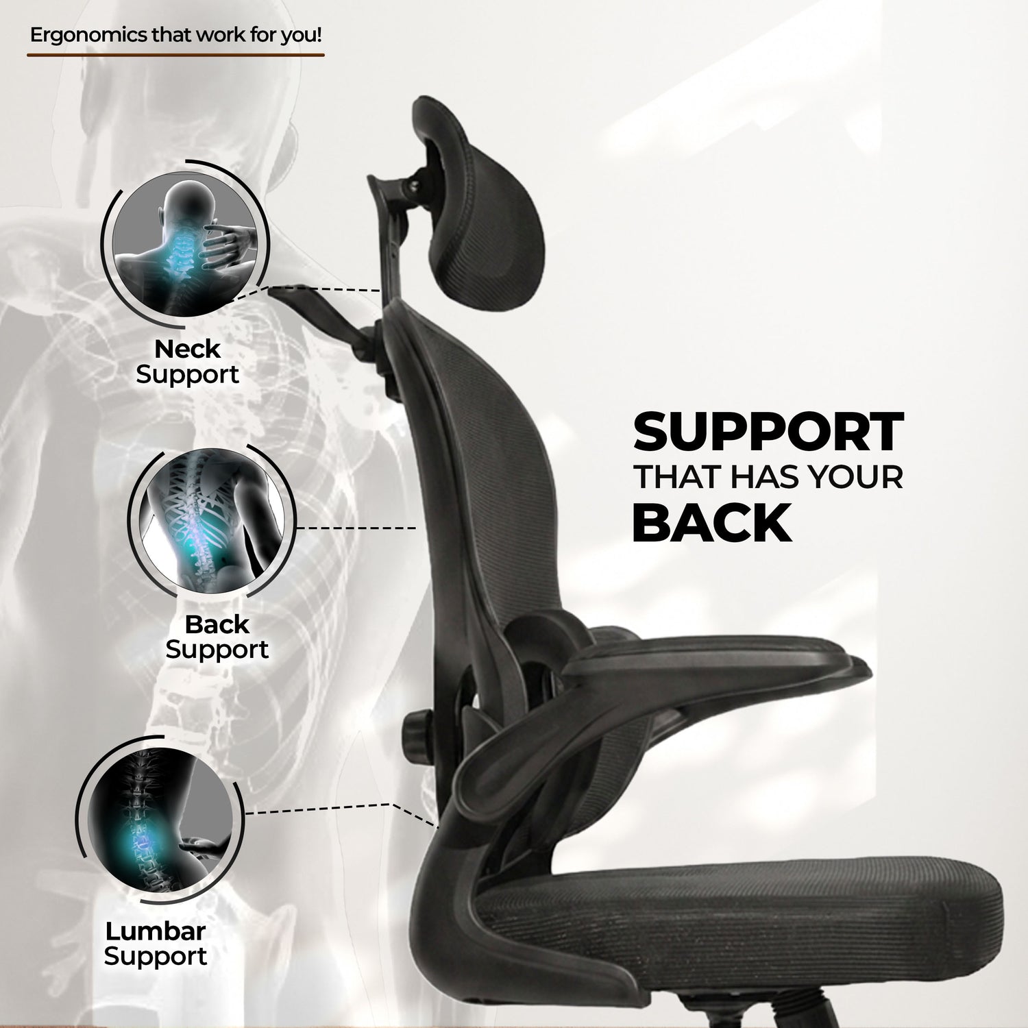 HAVAI Velmora Ergonomic Office Chair | High Back Mesh Chair with Reclining Mechanism, Adjustable Armrest, Headrest &amp; Lumbar Support | Nylon Base &amp; Wheels | Executive/WFH Chair (Black)