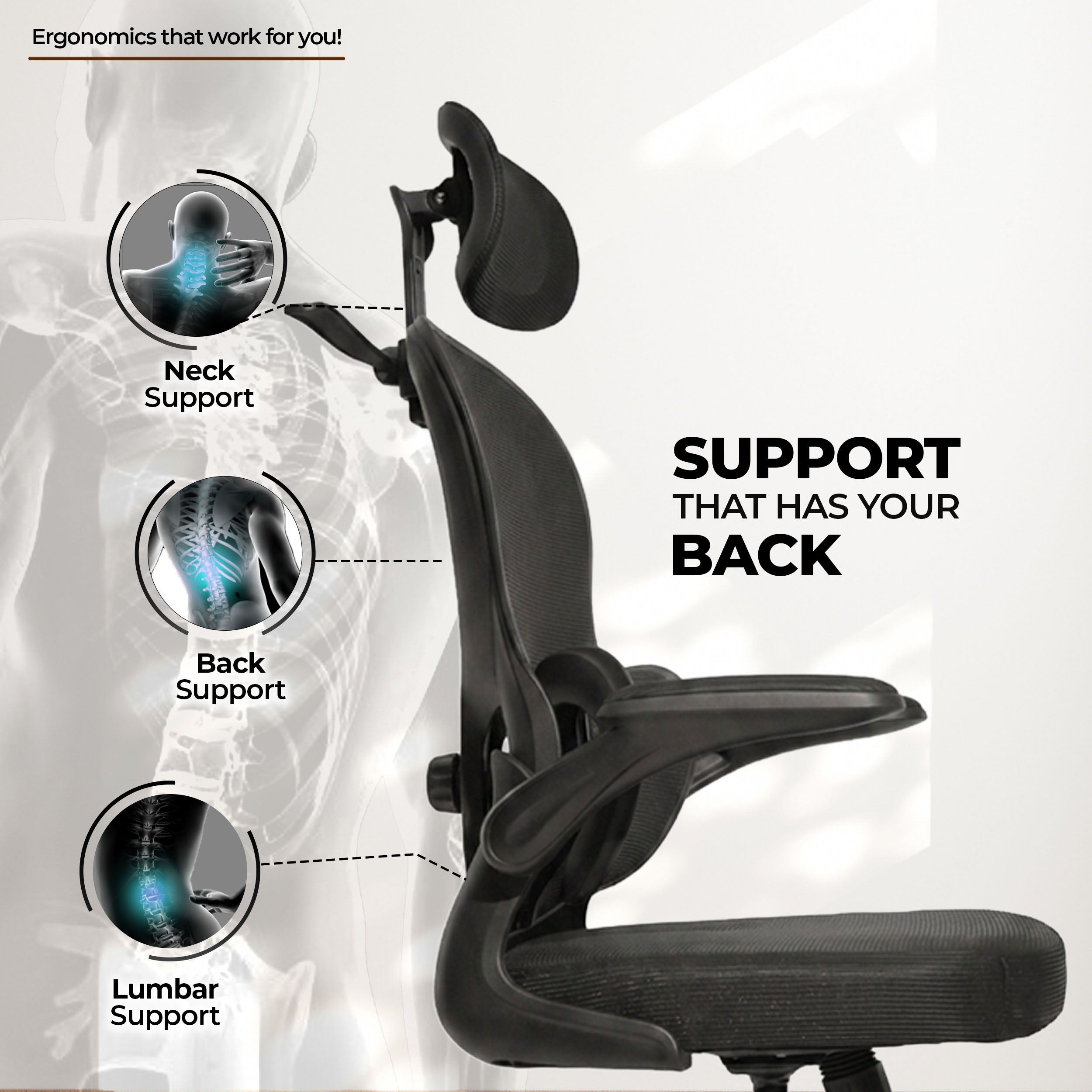 HAVAI Velmora Ergonomic Office Chair | High Back Mesh Chair with Reclining Mechanism, Adjustable Armrest, Headrest &amp; Lumbar Support | Nylon Base &amp; Wheels | Executive/WFH Chair (Black)