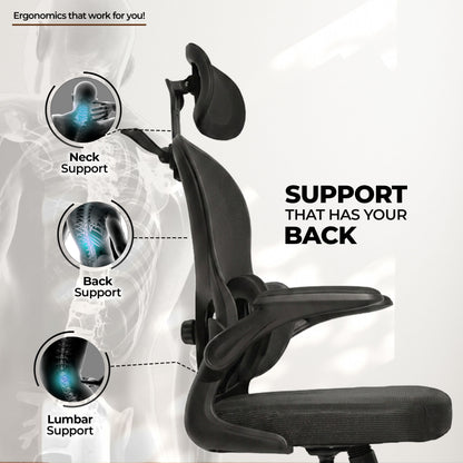HAVAI Velmora Ergonomic Office Chair | High Back Mesh Chair with Reclining Mechanism, Adjustable Armrest, Headrest &amp; Lumbar Support | Nylon Base &amp; Wheels | Executive/WFH Chair (Black)