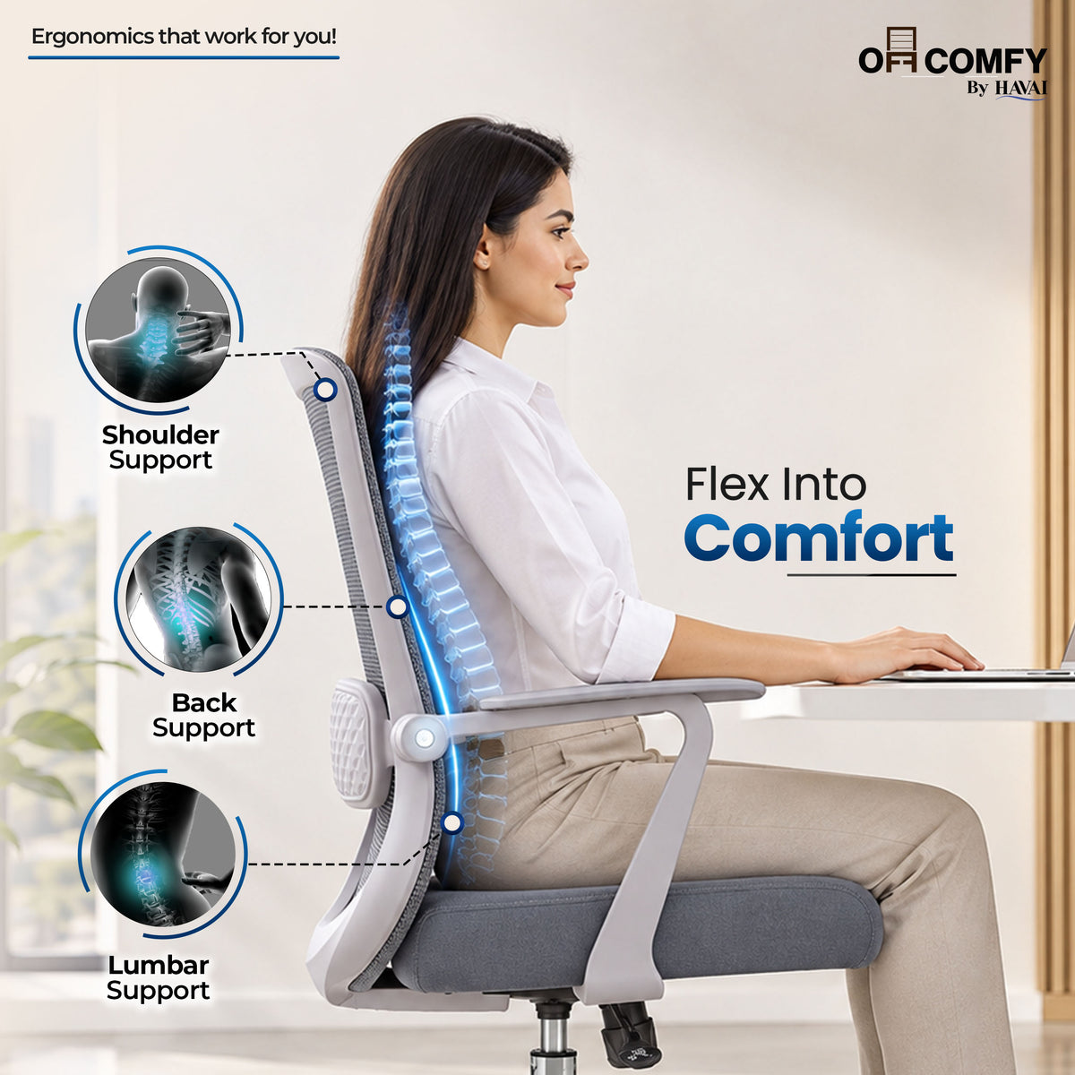 Havai Flexa Mid Back Executive Office Chair | Ergonomic Mesh - Grey