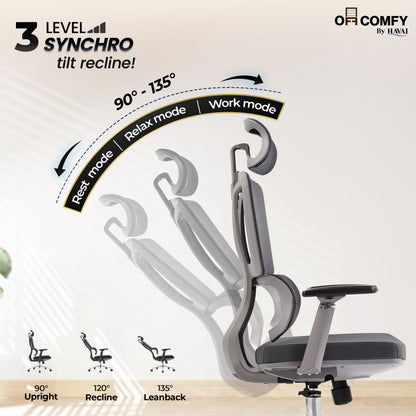 Havai AeroFlex High Back Office Chair | Ergonomic High Back Mesh | Adjustable Headrest | Lumbar Support | Reclining Function | Height Adjustable | 2D Adjustable Armrests | Comfortable Cushioned Seat | Chrome Five-Star Base | Smooth Rolling Casters | Grey