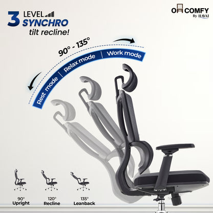 Havai AeroFlex High Back Office Chair | Ergonomic High Back Mesh | Adjustable Headrest | Lumbar Support | Reclining Function | Height Adjustable | 2D Adjustable Armrests | Comfortable Cushioned Seat | Chrome Five-Star Base | Smooth Rolling Casters | Black