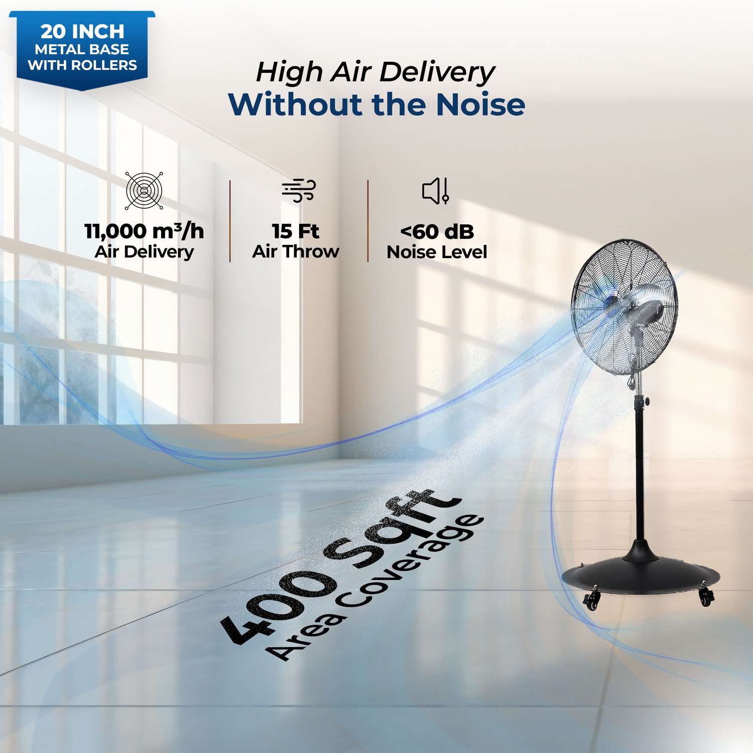 HAVAI 20-Inch Commercial BLDC Pedestal Fan (20–120W) | 2mm Aluminium Blades | Metal Base with 4 Lockable Industrial Wheels | Fingerproof Safety Grill | 4-Speed | 2-Year On-Site Warranty