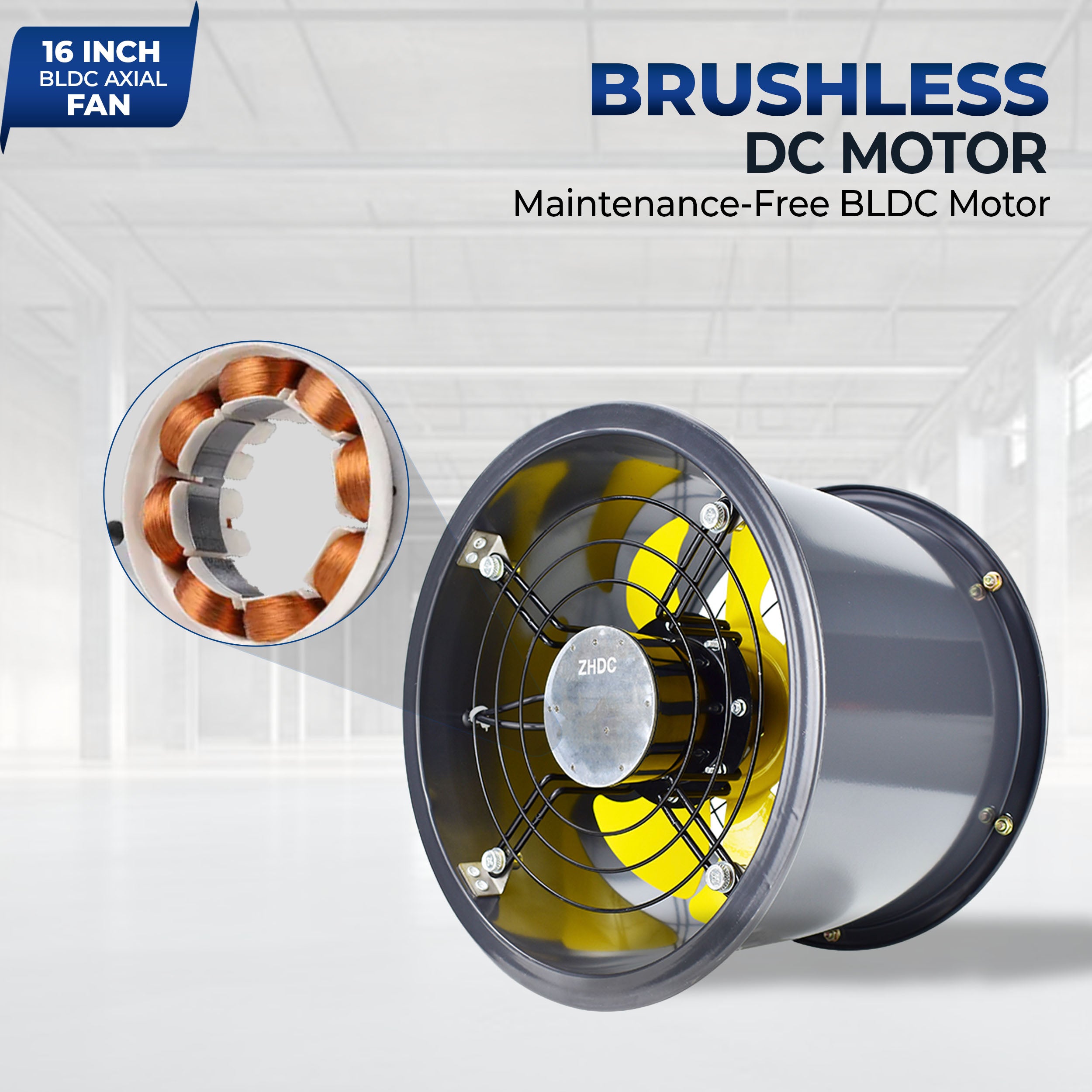 16-Inch Commercial BLDC Axial Fan | Stepless Speed Control | Low Noise | Aluminium Blade | 2000–6000 m³/h Air Volume | 40–80% Energy Saving | No Winding Burnouts | 2-Year BLDC Motor Warranty