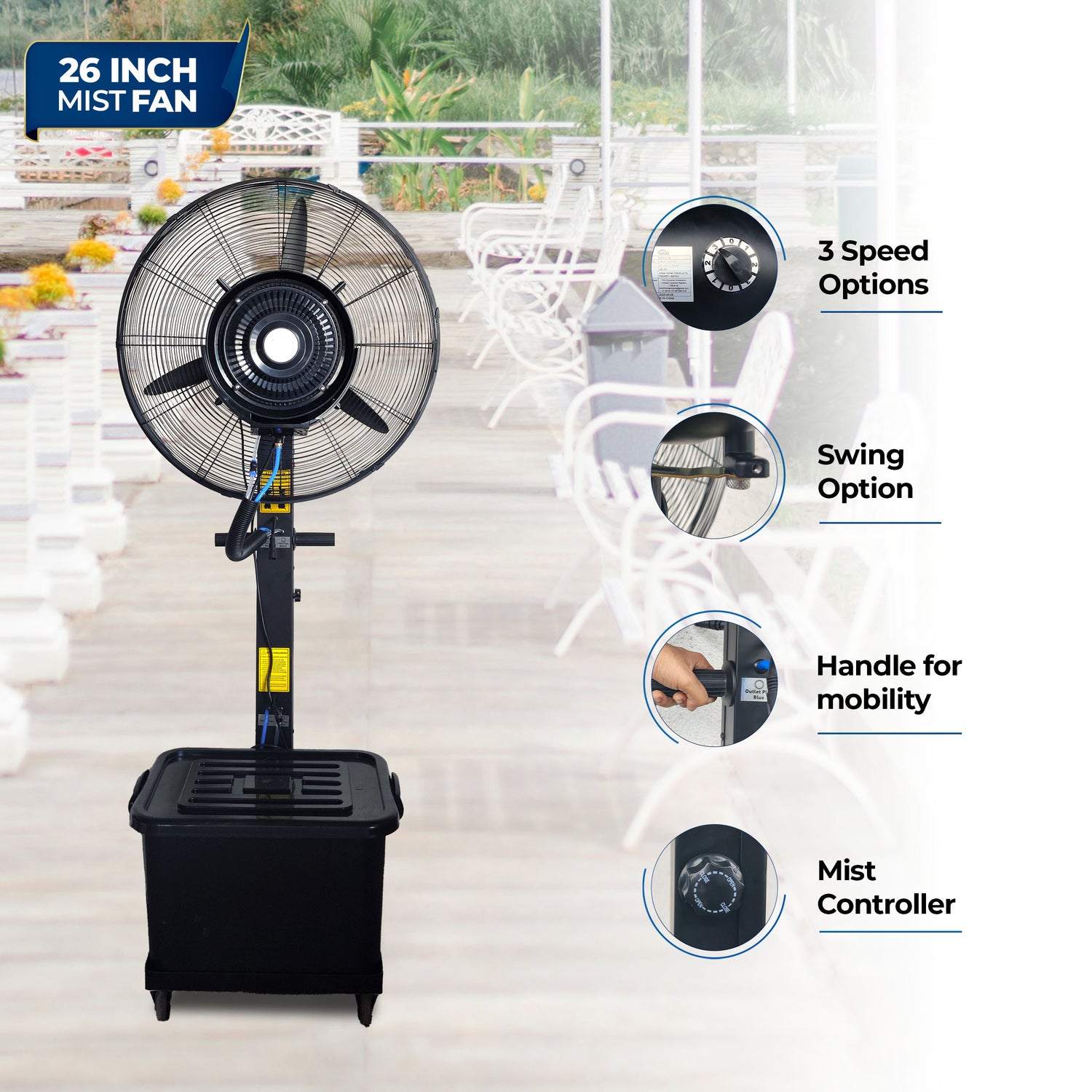 26″ Commercial Mist Fan, 260W Copper Motor | 10m Spray | Manual Mist Control | Aluminium Blade | Finger-Proof Grill | 41L Tank | Fixed 6ft Height | 48-Hour Installation &amp; 1-Year Warranty