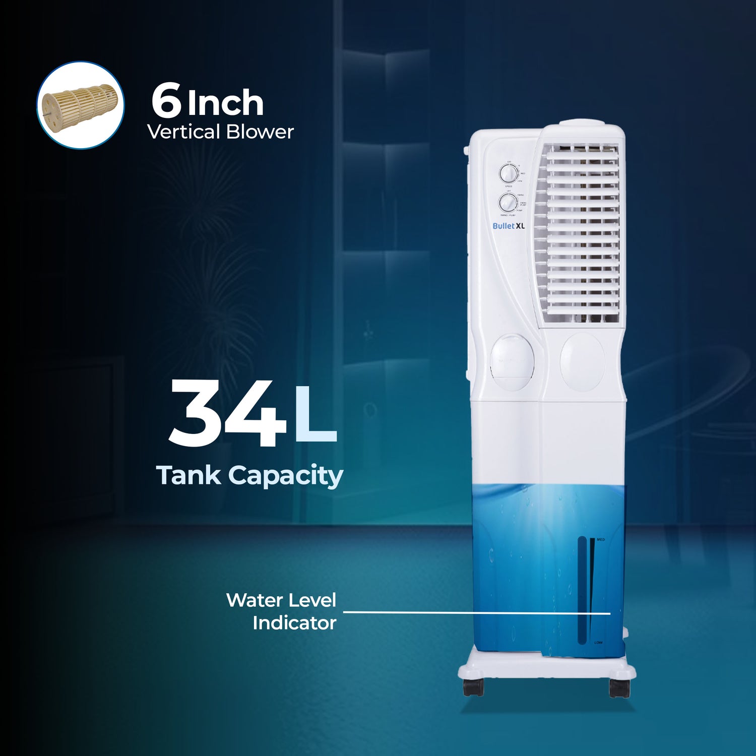Bullet XL Tower Air Cooler - 34 Liter, White