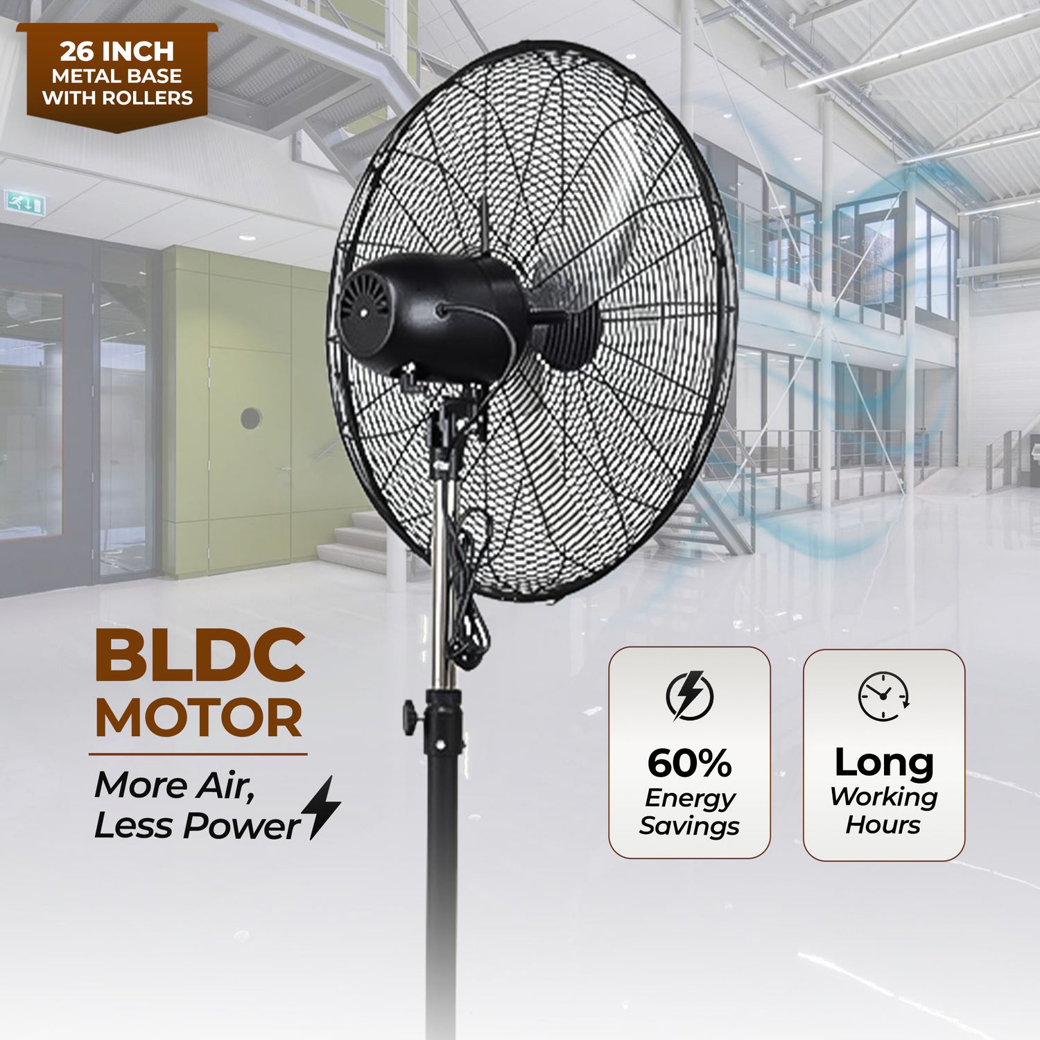HAVAI 26-Inch Commercial BLDC Pedestal Fan (30–130W) | 2mm Aluminium Blades | Heavy-Duty Metal Base with 4 Lockable Industrial Wheels | Fingerproof Grill | High Airflow | 2-Year On-Site Warranty