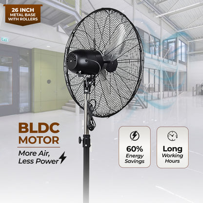 HAVAI 26-Inch Commercial BLDC Pedestal Fan (30–130W) | 2mm Aluminium Blades | Heavy-Duty Metal Base with 4 Lockable Industrial Wheels | Fingerproof Grill | High Airflow | 2-Year On-Site Warranty