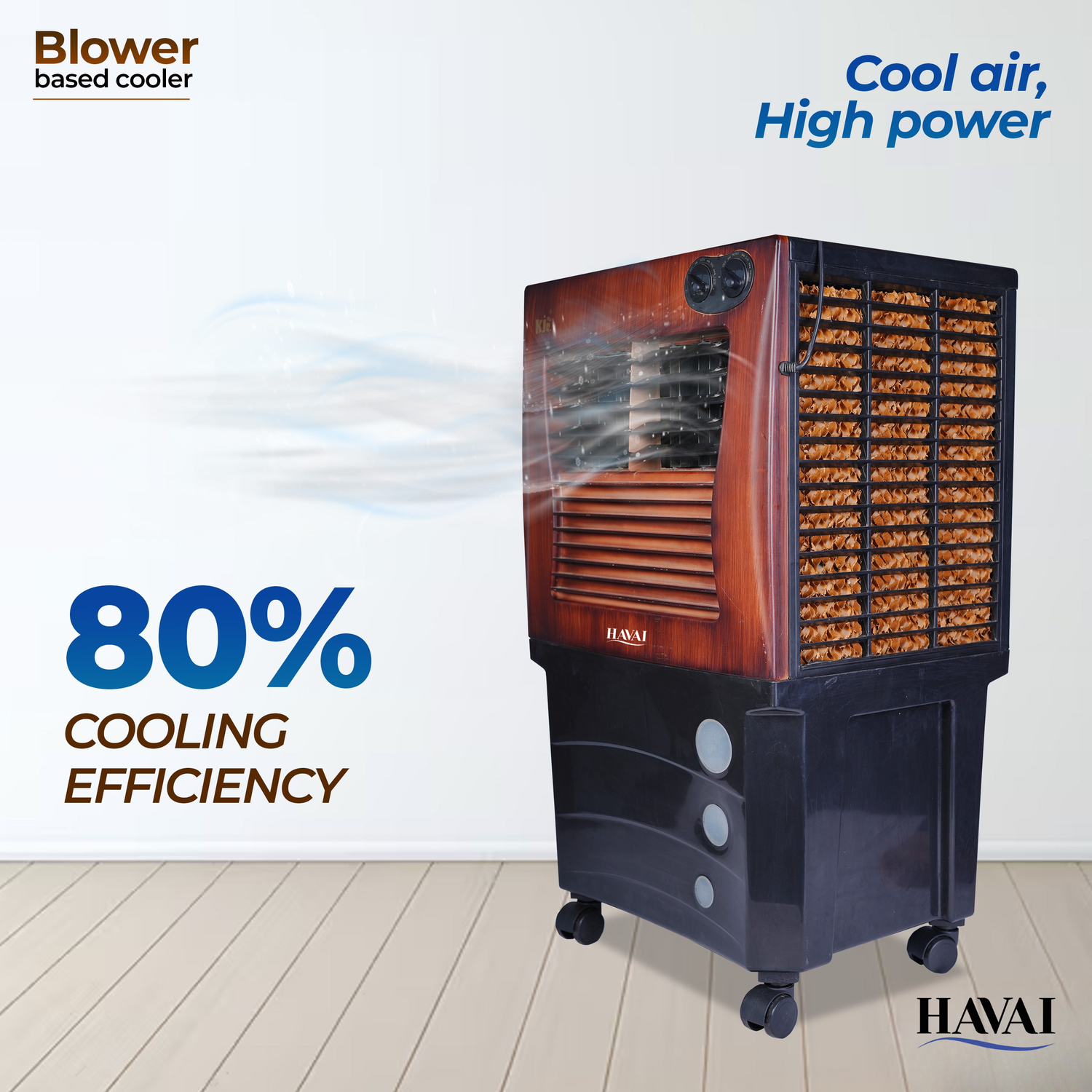 HAVAI KJR Ebony Plus Air Cooler |Wooden Finish |Blower Based Thrust | 200 Sq. Ft Area Coverage |12-Foot Air Throw |65 Litre Tank Capacity, Three Side Honeycomb, Ice Chamber, 1 Year Warranty