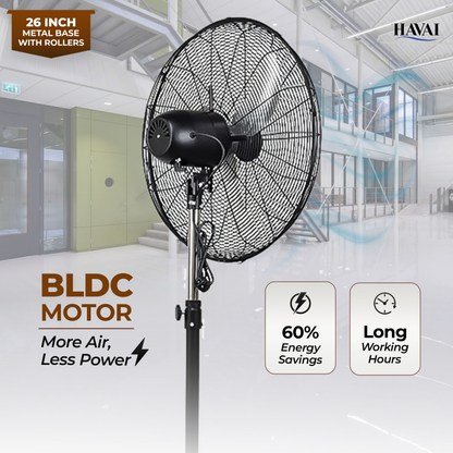 Havai 26-Inch Commercial BLDC Pedestal Fan (30–130W) | 2mm Aluminium Blades | Heavy-Duty Metal Base with 4 Lockable Industrial Wheels | Fingerproof Grill | High Airflow | 2-Year On-Site Warranty