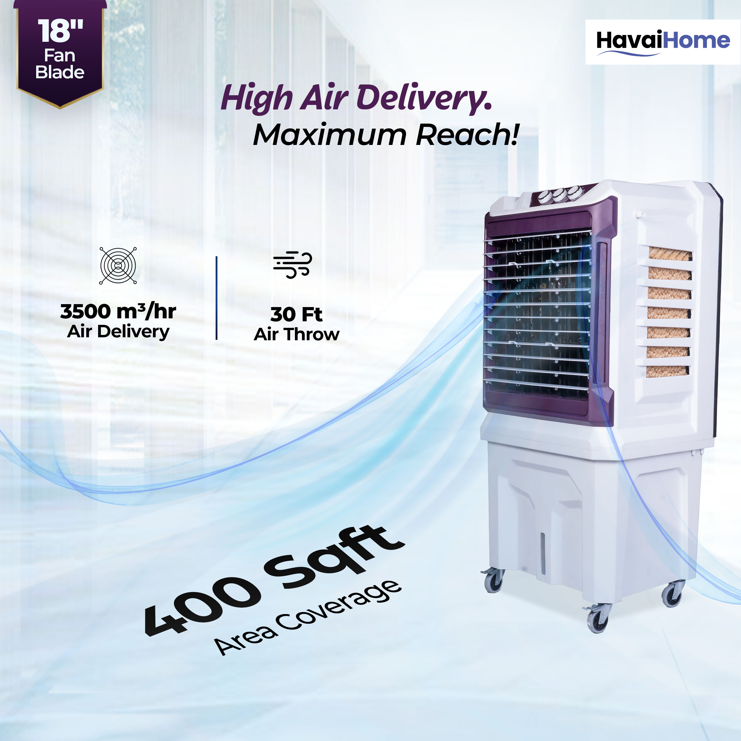 HAVAI Arizona 18 High Airflow Desert Cooler | 18” Metal Fan | 100L Tank | 3500 m³/hr Air Delivery | 30 ft Air Throw | 3-Side Thick Honeycomb Pads | Double Bearing Low-Noise Motor | Castor Wheels | 1-Year On-Site Warranty