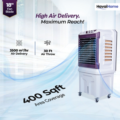 HAVAI Arizona 18 High Airflow Desert Cooler | 18” Metal Fan | 100L Tank | 3500 m³/hr Air Delivery | 30 ft Air Throw | 3-Side Thick Honeycomb Pads | Double Bearing Low-Noise Motor | Castor Wheels | 1-Year On-Site Warranty