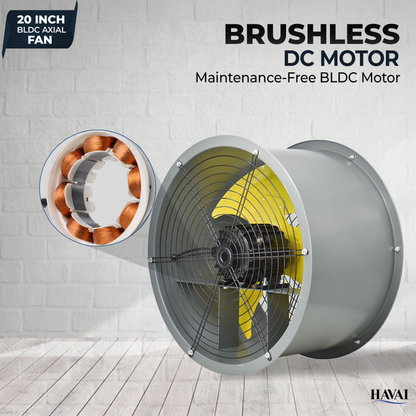 Havai 20-Inch Heavy Duty BLDC Axial Fan | Maintenance-Free BLDC Motor | 4-Leaf 2mm Aluminium Blades | 9-Speed Digital Controller | 600–13,000 m³/hr | 35W–350W | 2-Year Warranty