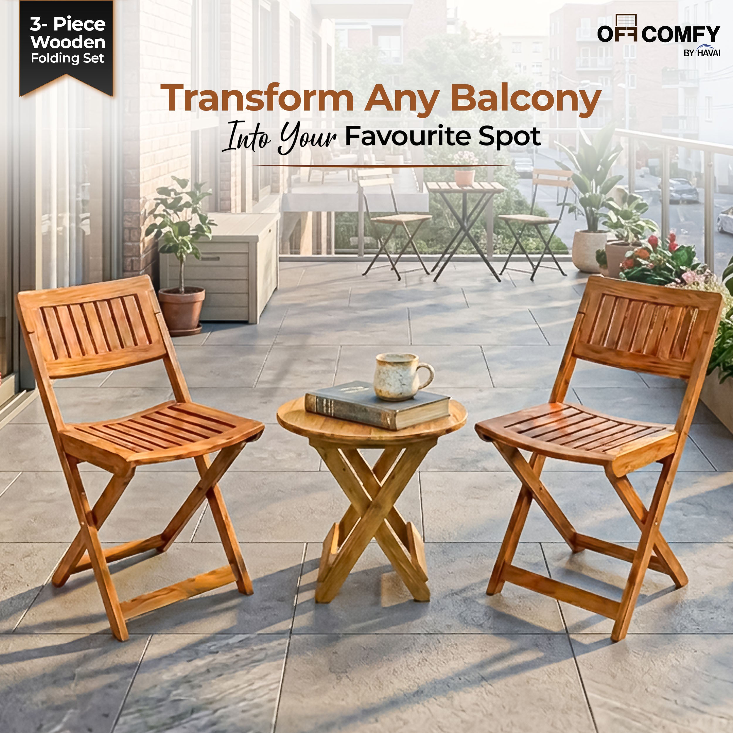 HAVAI Teakwood Foldable Balcony Furniture Set | 2 Chairs &amp; 1 Table | Premium Solid Teak Wood Outdoor Patio Set | Garden, Balcony, Terrace &amp; Cafe Furniture | Pre-Assembled Natural Wood Finish (BROWN)