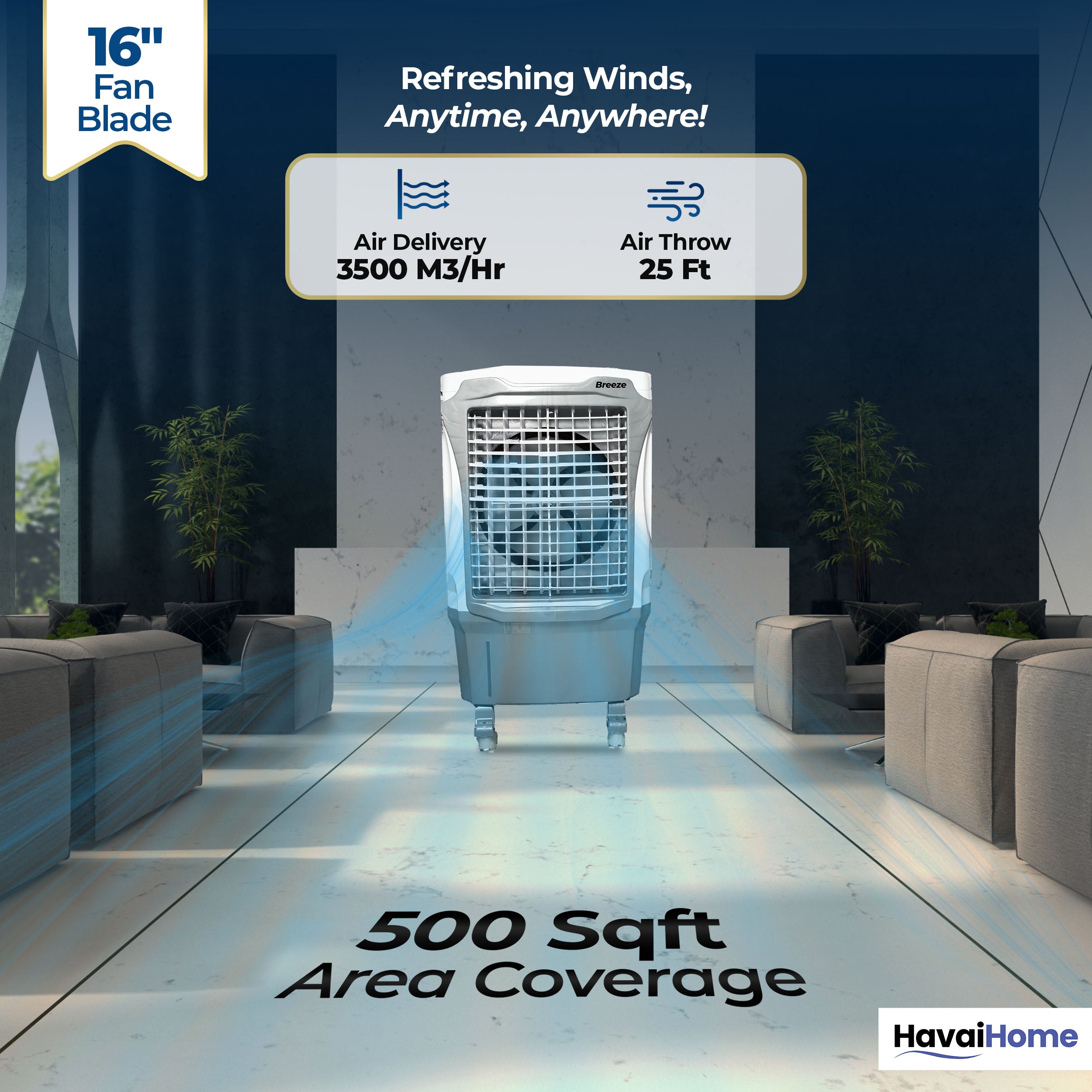Breeze 60L Desert Air Cooler | 16" Fan Blade | 60L Tank Capacity | 500 Sq. Ft. Coverage | Auto Swing | Back Honeycomb Pads | White &amp; Grey