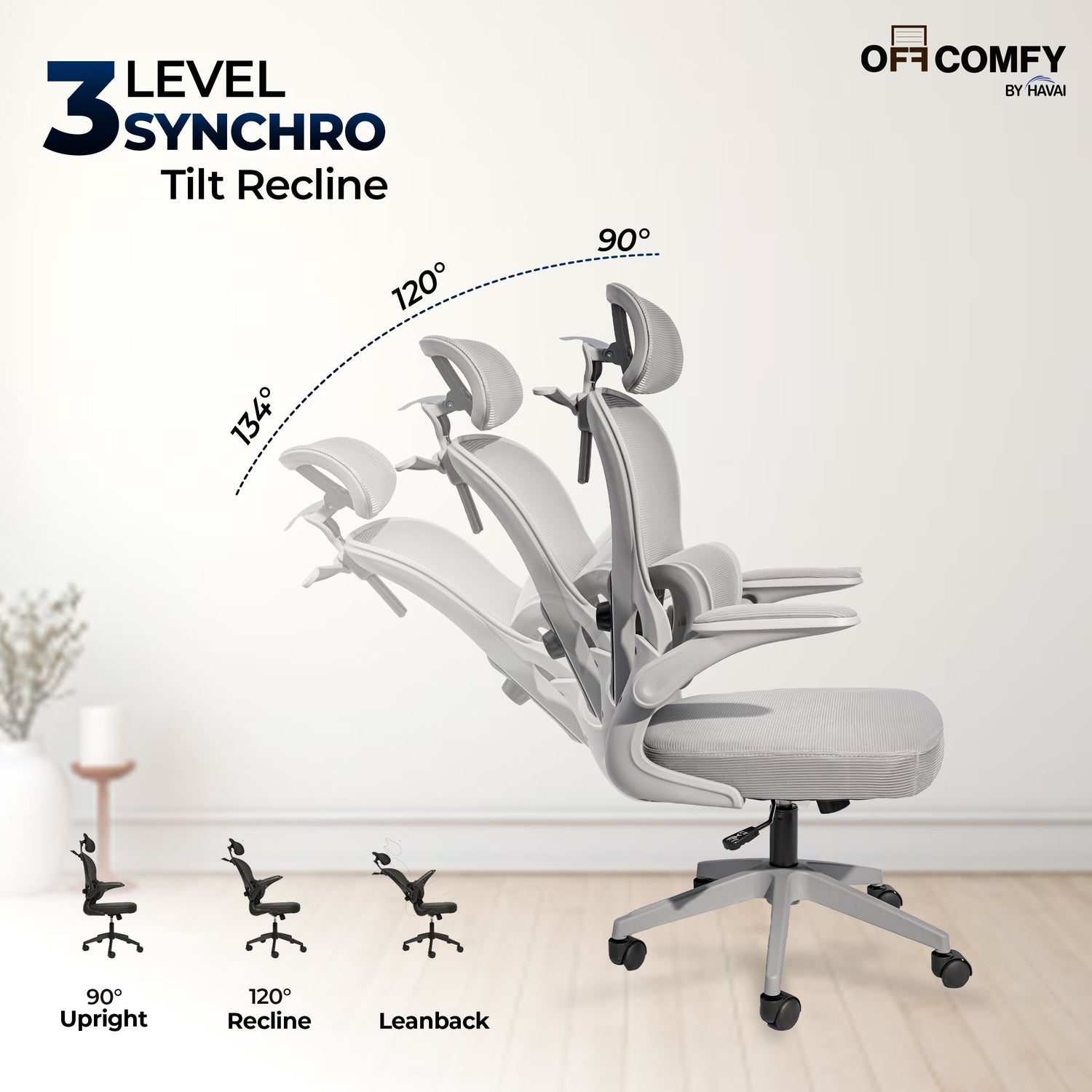 HAVAI Velmora Ergonomic Office Chair | High Back Mesh Chair with Reclining Mechanism, Adjustable Armrest, Headrest &amp; Lumbar Support | Nylon Base &amp; Wheels | Executive/WFH Chair (Grey)