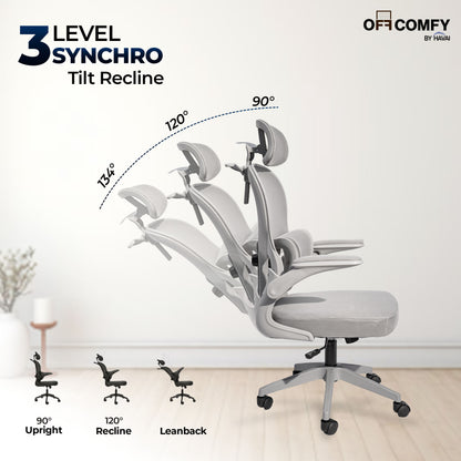 HAVAI Velmora Ergonomic Office Chair | High Back Mesh Chair with Reclining Mechanism, Adjustable Armrest, Headrest &amp; Lumbar Support | Nylon Base &amp; Wheels | Executive/WFH Chair (Grey)