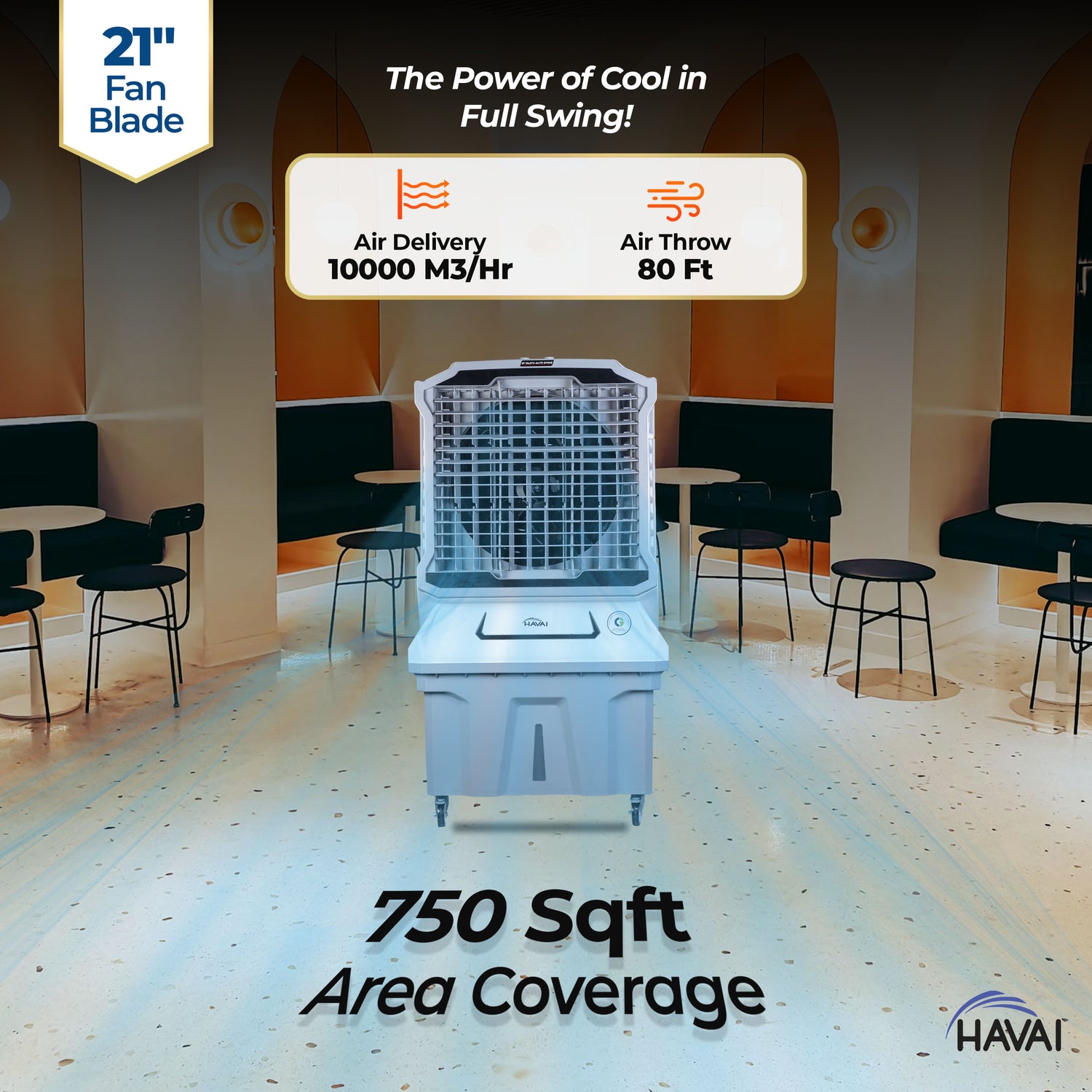 HAVAI Cyclone Desert Air Cooler | 21&quot; Fan Blade | 150L Tank Capacity | 330W High-Performance Cooling | 750 Sq. Ft. Coverage | Auto Swing | Back Honeycomb Pads | Lockable Wheels | White &amp; Grey