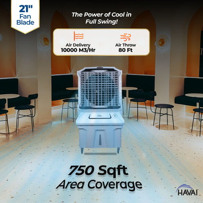 HAVAI Cyclone Desert Air Cooler | 21&quot; Fan Blade | 150L Tank Capacity | 330W High-Performance Cooling | 750 Sq. Ft. Coverage | Auto Swing | Back Honeycomb Pads | Lockable Wheels | White &amp; Grey