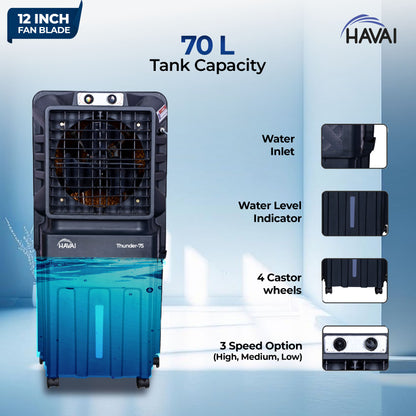 HAVAI Thunder-75 Tower Air Cooler | 70L Tank | 12″ Blade | Ideal for 150 sq ft Rooms | 130W Power | 10 ft Air Throw | 1350 RPM | Auto-Louver | 3-Speed | 1-Year On-Site Motor Warranty (Black)