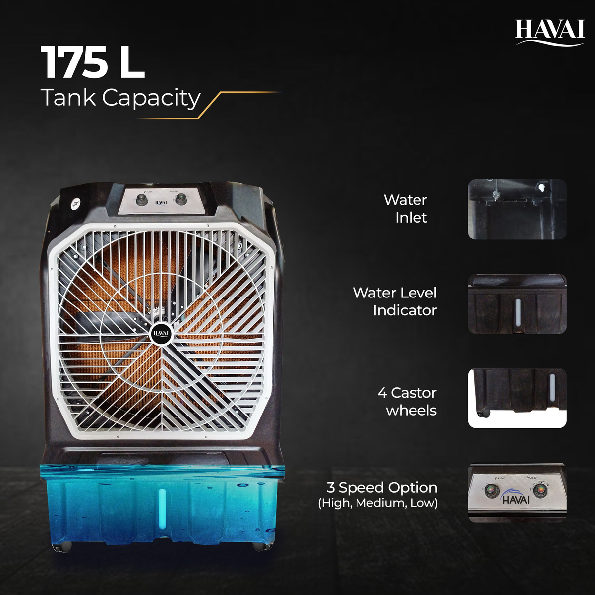HAVAI Thunder 200 Tent Cooler | 30-Inch Heavy-Duty 3-Leaf Blade | 10,000 m³/hr Air Delivery | 175 Litre Water Tank | 550W Powerful Motor | Single-Phase Aluminium Winding Motor|1-Year Warranty)
