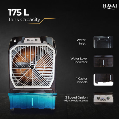 HAVAI Thunder 200 Tent Cooler | 30-Inch Heavy-Duty 3-Leaf Blade | 10,000 m³/hr Air Delivery | 175 Litre Water Tank | 550W Powerful Motor | Single-Phase Aluminium Winding Motor|1-Year Warranty)