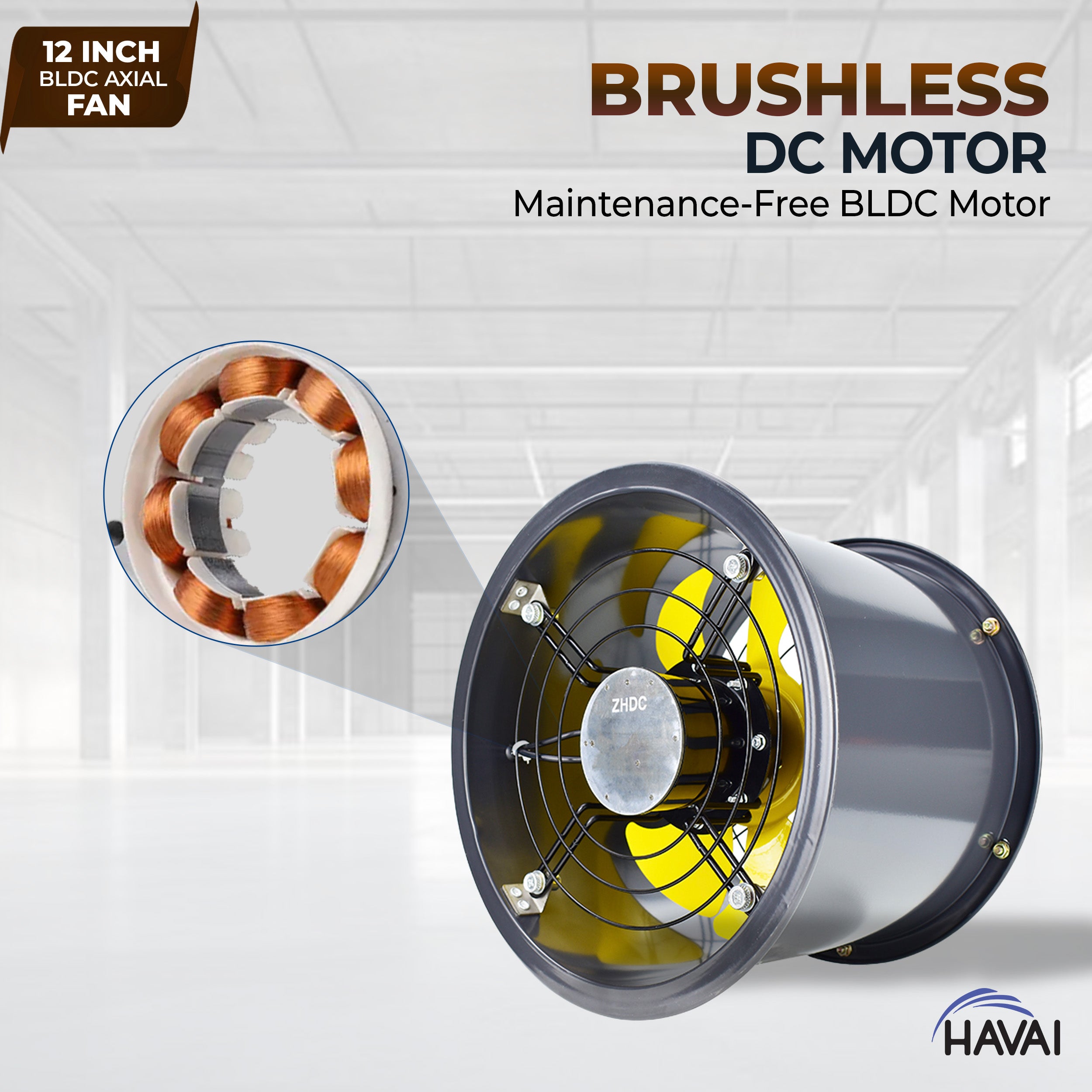 HAVAI 12-Inch Commercial BLDC Axial Fan | Stepless Speed Control | Aluminium Alloy Blade | Low Noise | 700–2800 m³/h Air Volume | 40–80% Energy Saving | Maintenance-Free BLDC Motor | 2-Year Warranty