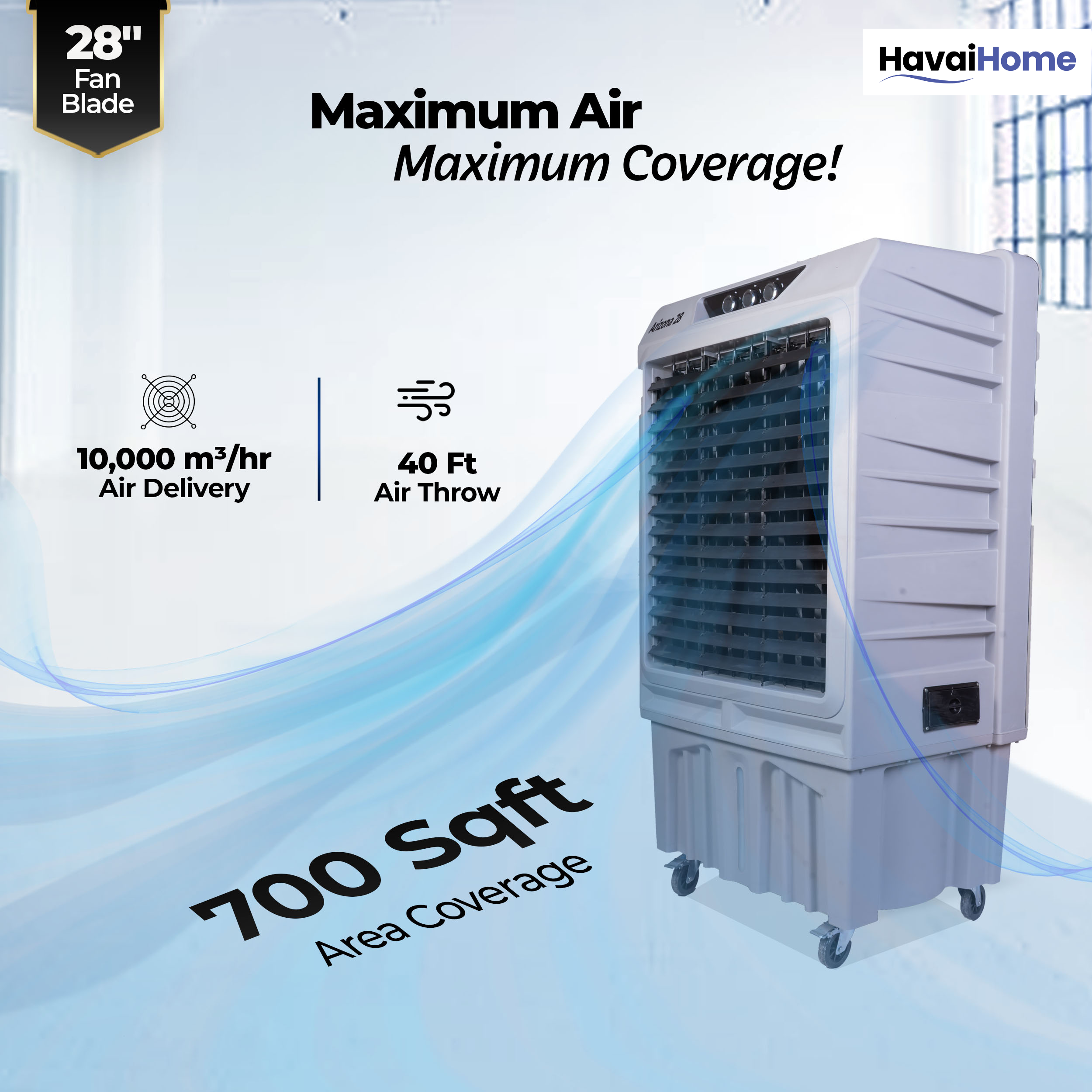 HAVAI Arizona 28 Industrial &amp; Commercial Air Cooler | 28-Inch Engineered 3-Leaf Blade | 10,000 m³/hr Air Delivery | 150L Tank | 500W Motor | 40 Ft Air Throw | Covers 700 Sq. Ft. | Finger Pull Drain Plug | 1-Year Warranty