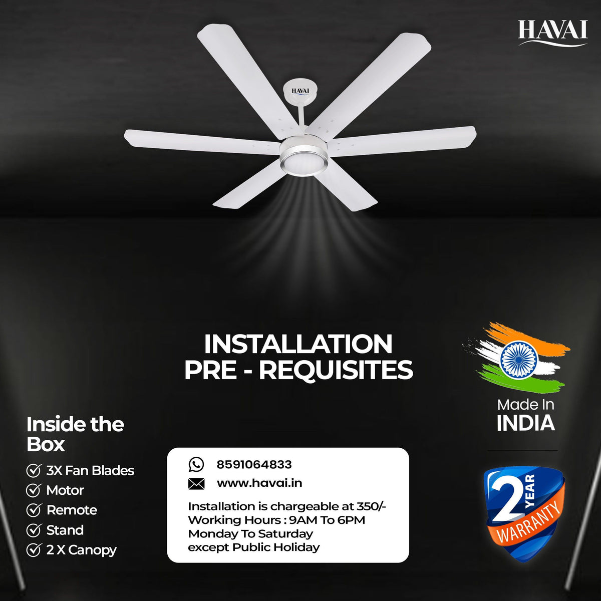 HAVAI Spinel BLDC Ceiling Fan with Decorative Ring | 1200mm, 6 Blades, 25W | Remote Control &amp; 9W LED Light | 2 Years Warranty | Pearl White