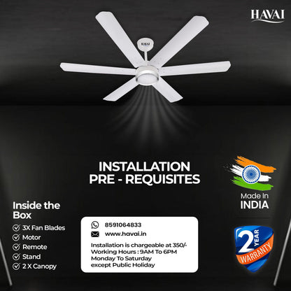 HAVAI Spinel BLDC Ceiling Fan with Decorative Ring | 1200mm, 6 Blades, 25W | Remote Control &amp; 9W LED Light | 2 Years Warranty | Pearl White