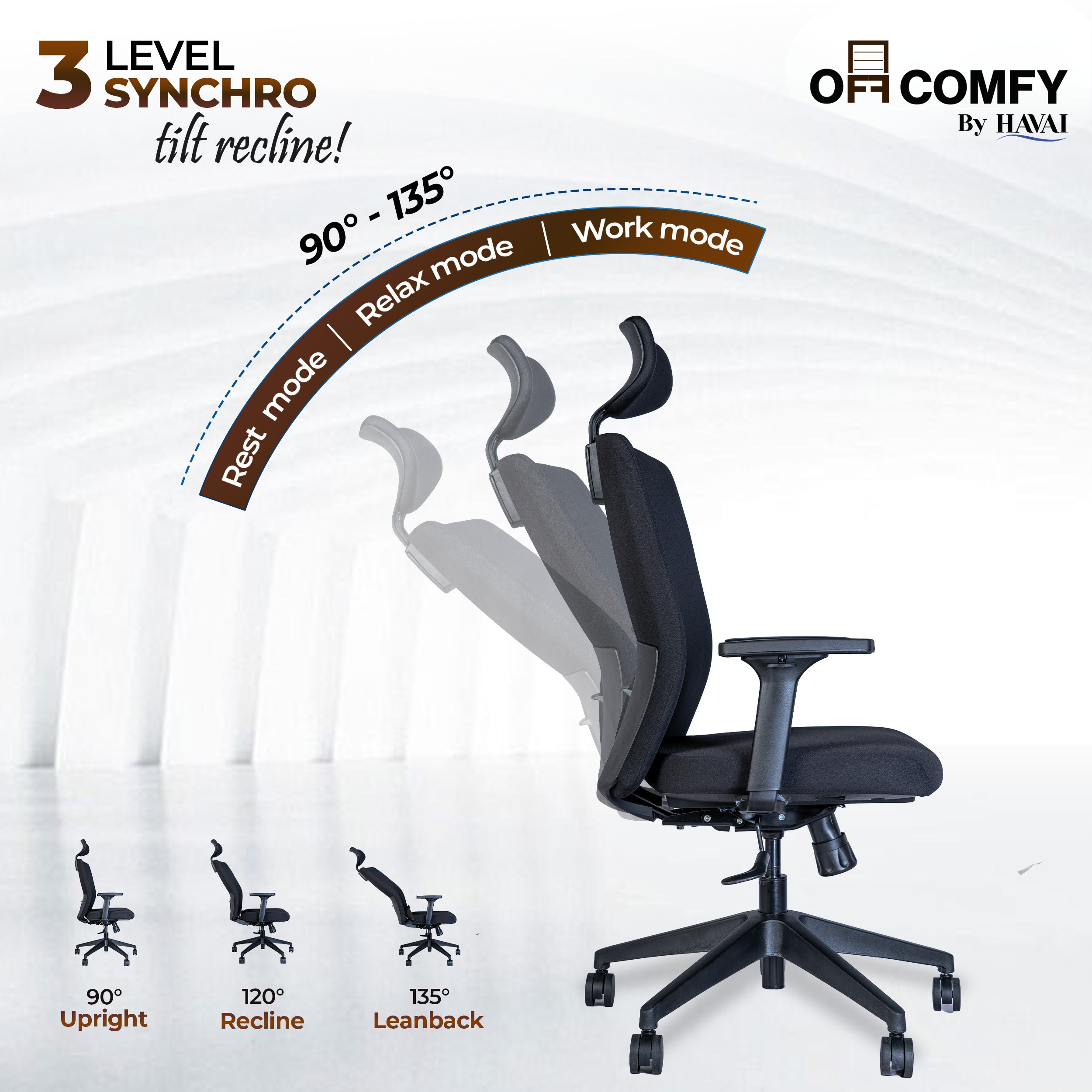 Off-Comfy by HAVAI Swift High Back Ergonomic Office Chair | Fixed Headrest | 3D Adjustable Armrest | Lumbar Support | Synchronized Recline | Chrome Base | Work from Home &amp; Office Chair