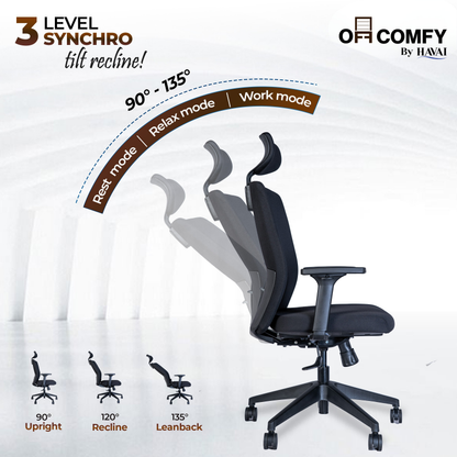 Off-Comfy by HAVAI Swift High Back Ergonomic Office Chair | Fixed Headrest | 3D Adjustable Armrest | Lumbar Support | Synchronized Recline | Chrome Base | Work from Home &amp; Office Chair