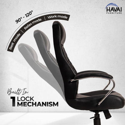HAVAI Prime High Back Office Chair | Ergonomic Executive Chair |  Premium Leather | Single Lock Tilt Mechanism |  Mild Steel Chrome Base &amp; Arms | Class 4 Gaslift |  50mm Casters | High-Density Back &amp; Seat Cushion (Black)