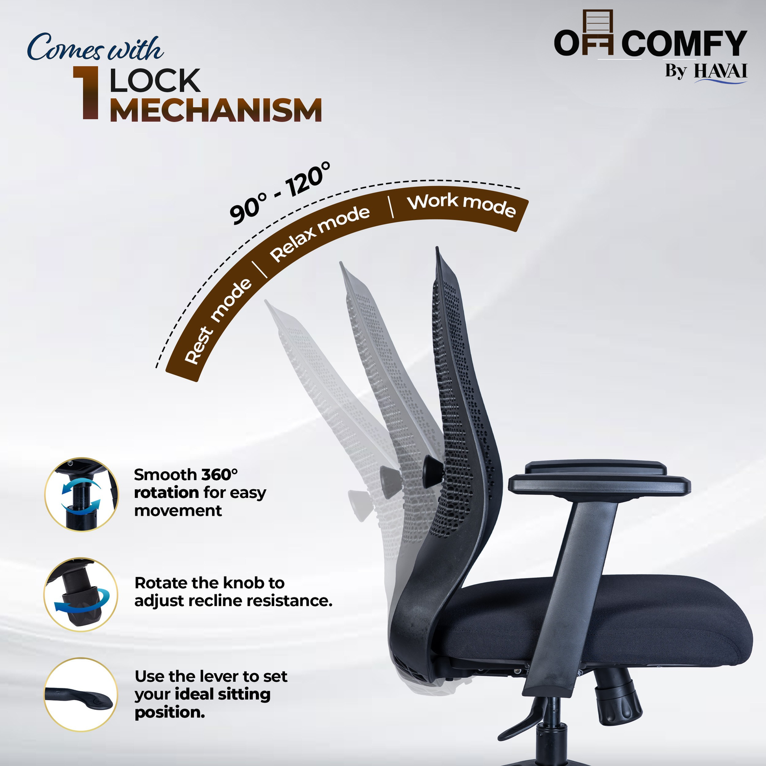 Off-Comfy Hive Black Ergonomic Office Chair | 1D Adjustable Lumbar | Fixed Arms with PP Pad | Synchro Tilt &amp; Lock |Class 4 Gaslift | Nylon Base | 60mm Castors