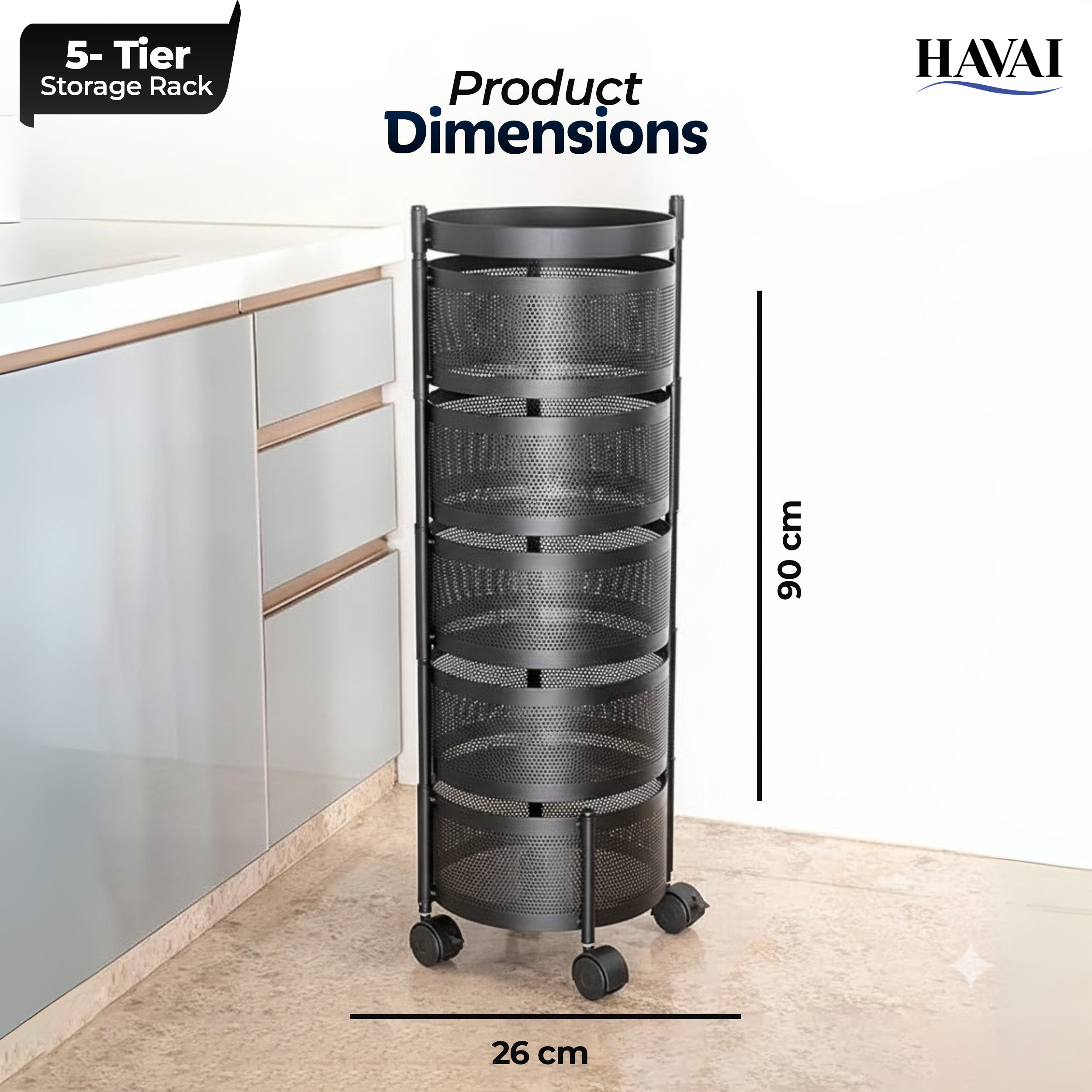 Havai 5 Tier Rolling Kitchen Storage Rack | Sturdy Metal Frame| Space-Saving Utility Shelf – Black