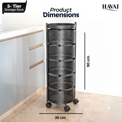 Havai 5 Tier Rolling Kitchen Storage Rack | Sturdy Metal Frame| Space-Saving Utility Shelf – Black