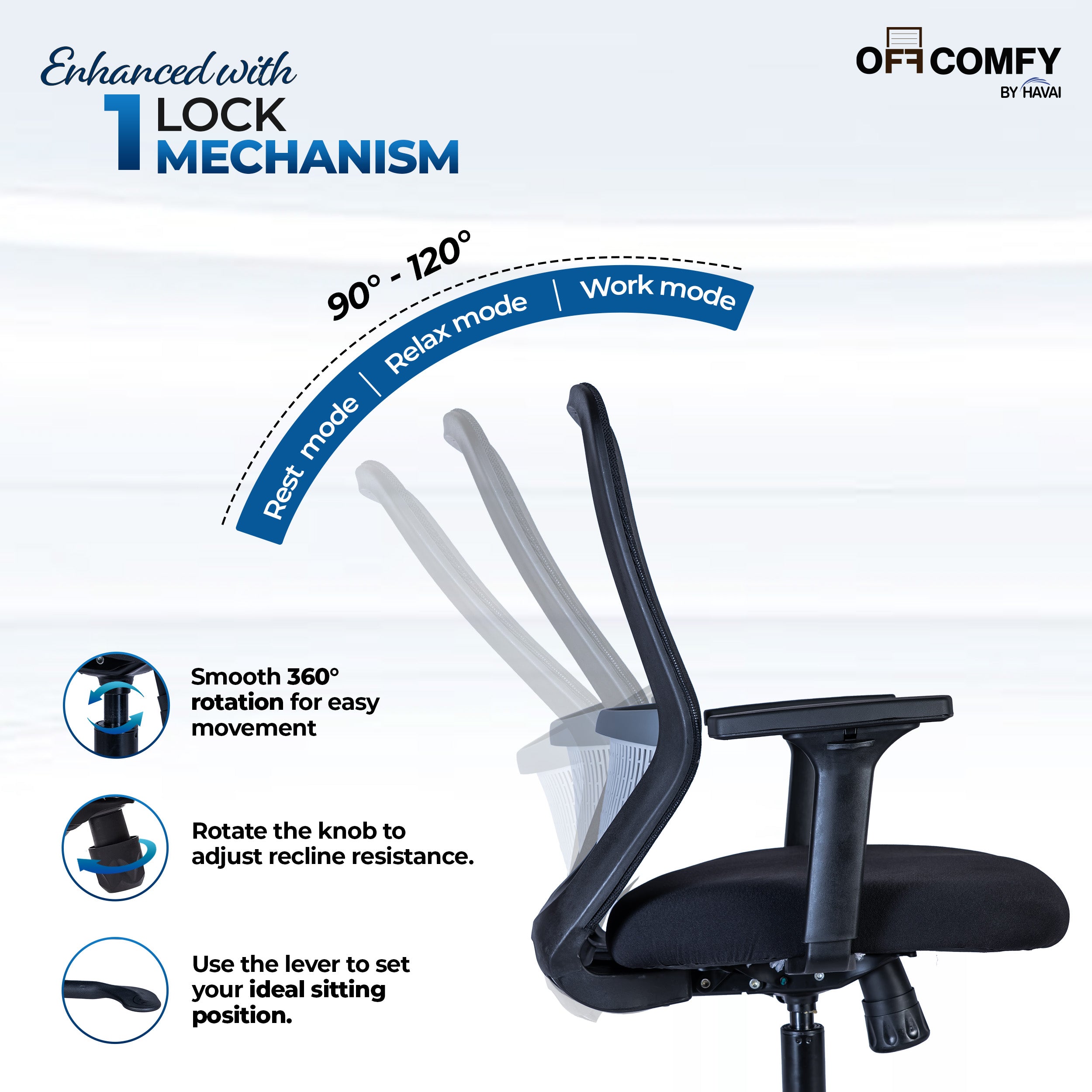 HAVAI Off-Comfy Luna Black Ergonomic Office Chair | Yuva Mesh Back | 2D Arms with TPU Pad | Synchro Tilt with Lock | Class 4 Samhongsa Gaslift | Claw Chrome Base | 60mm Castors(Black)