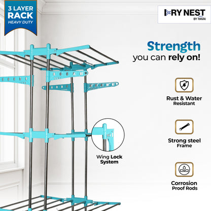 HAVAI DryNest 5.2 KG Premium Clothes Drying Stand with Wheels | Heavy-Duty Rust-Free Steel &amp; Strong Steel Rods | 3-Layer Foldable Jumbo Rack | Portable &amp; Balcony-Friendly