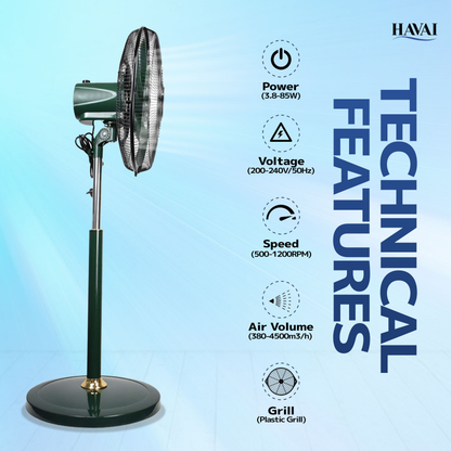 HAVAI BLDC 18" Pedestal Fan, Soundless, 50% Savings On Electricity, High Velocity,For Commercial And Residential Use, Assembly Included , Green - Without Remote