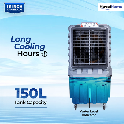 HAVAI Jumbo 18+ Massey Desert Cooler | 150L | 18-Inch Fan | Heavy-Duty 41mm Motor | 3-Side Honeycomb Pads | Auto Swing | Castor Wheels | 230V, 280W | White &amp; Grey