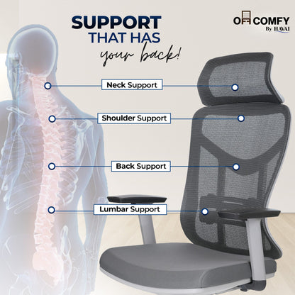 HAVAI Pulse High Back Ergonomic Mesh Office Chair |  Multi-Lock Tilt Mechanism | Chrome Base| Breathable Mesh Back | Fixed Headrest (Grey)