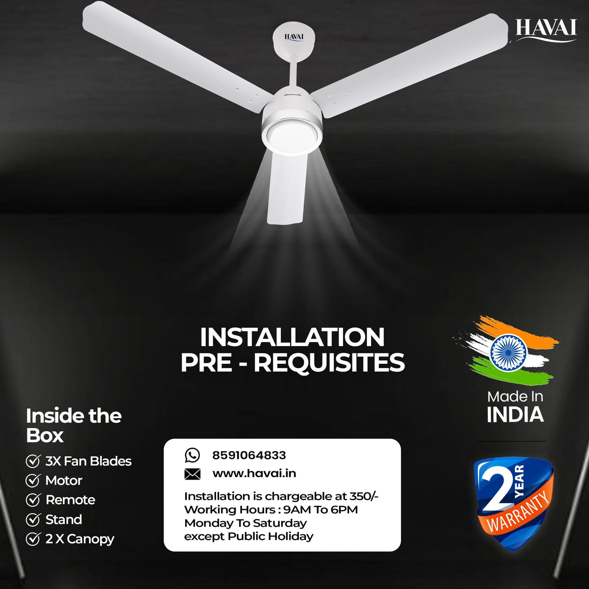HAVAI Spinel BLDC Ceiling Fan with Decorative Ring | 1200mm, 3 Blades, 27W | Remote Control &amp; 9W LED Light | 2 Years Warranty | Pearl White