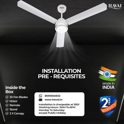 HAVAI Spinel BLDC Ceiling Fan with Decorative Ring | 1200mm, 3 Blades, 27W | Remote Control &amp; 9W LED Light | 2 Years Warranty | Pearl White