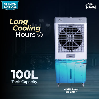 HAVAI Thunder 18 Desert Cooler | 18” Heavy-Duty Aluminium Fan Blade | 110 Dia 35mm Powerful Motor | Auto Swing | 3-Side Honeycomb Pads | 20 Ft Air Throw | 100L Tank | 1-Year Motor Warranty + Post-Warranty Support | White &amp; Grey