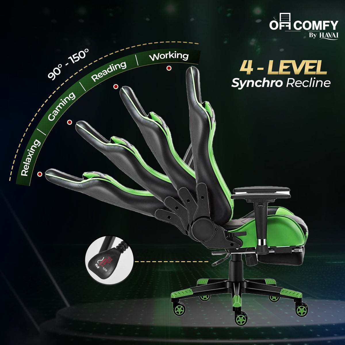 HAVAI Vortex GREEN Gaming Chair | Ergonomic High Back Computer Chair with Linkage Armrests | Reclining &amp; Folding Backrest | Premium 0.55mm PVC Upholstery | High Density Foam Cushion | Class 1 Gas Lift | 320mm Nylon Base | (Green &amp; Black)